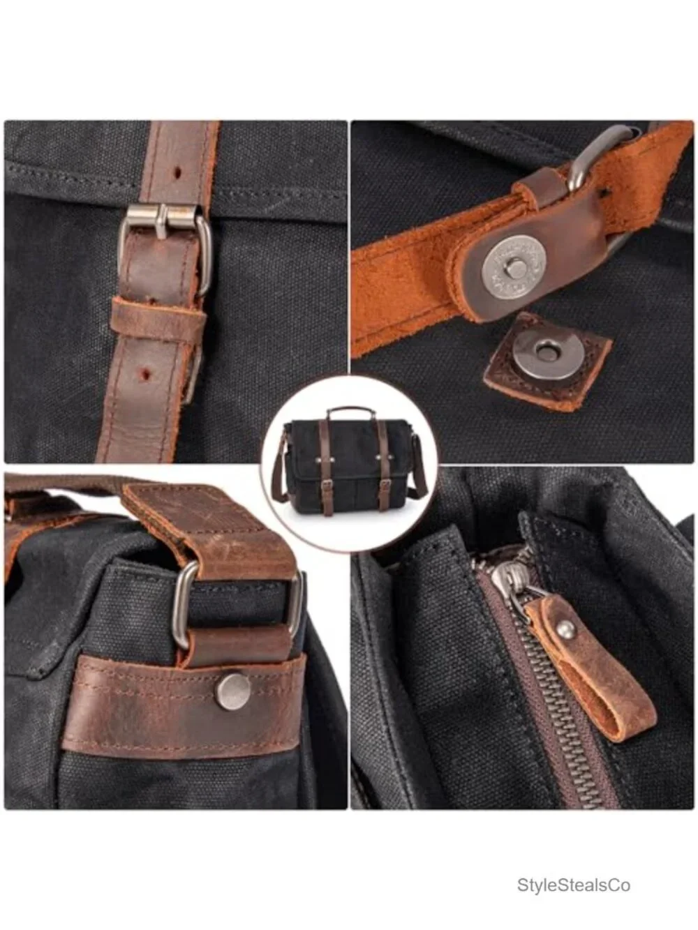 Vintage Genuine Leather Waxed Canvas Laptop Messenger Bag with Padded Sleeve